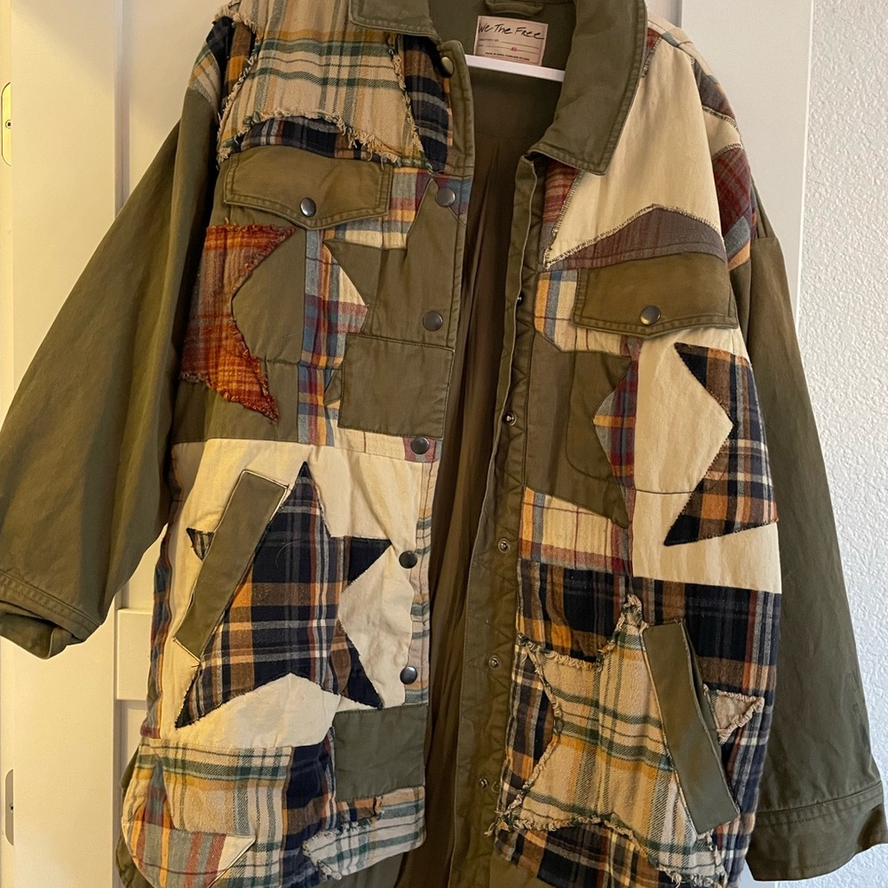 We The Free Olive and Plaid Patchwork oversized Utility Jacket